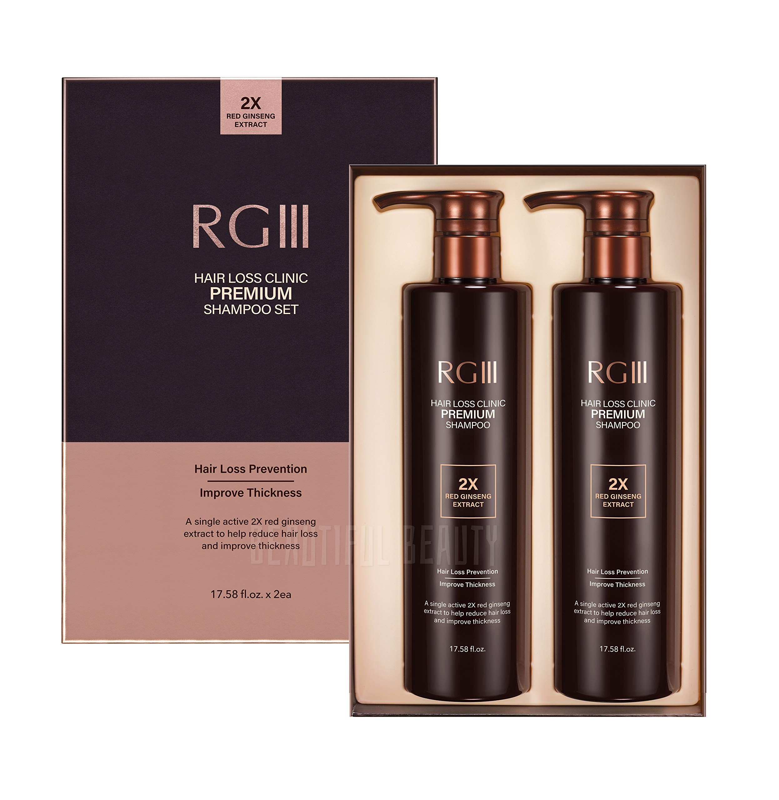 COSMOCOS RG3 Premium Shampoo botella con ginseng rojo para fortalecer el cabello.