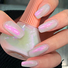 COSMOO Aurora, botella rosa perlada, acabado iridiscente para un look elegante.