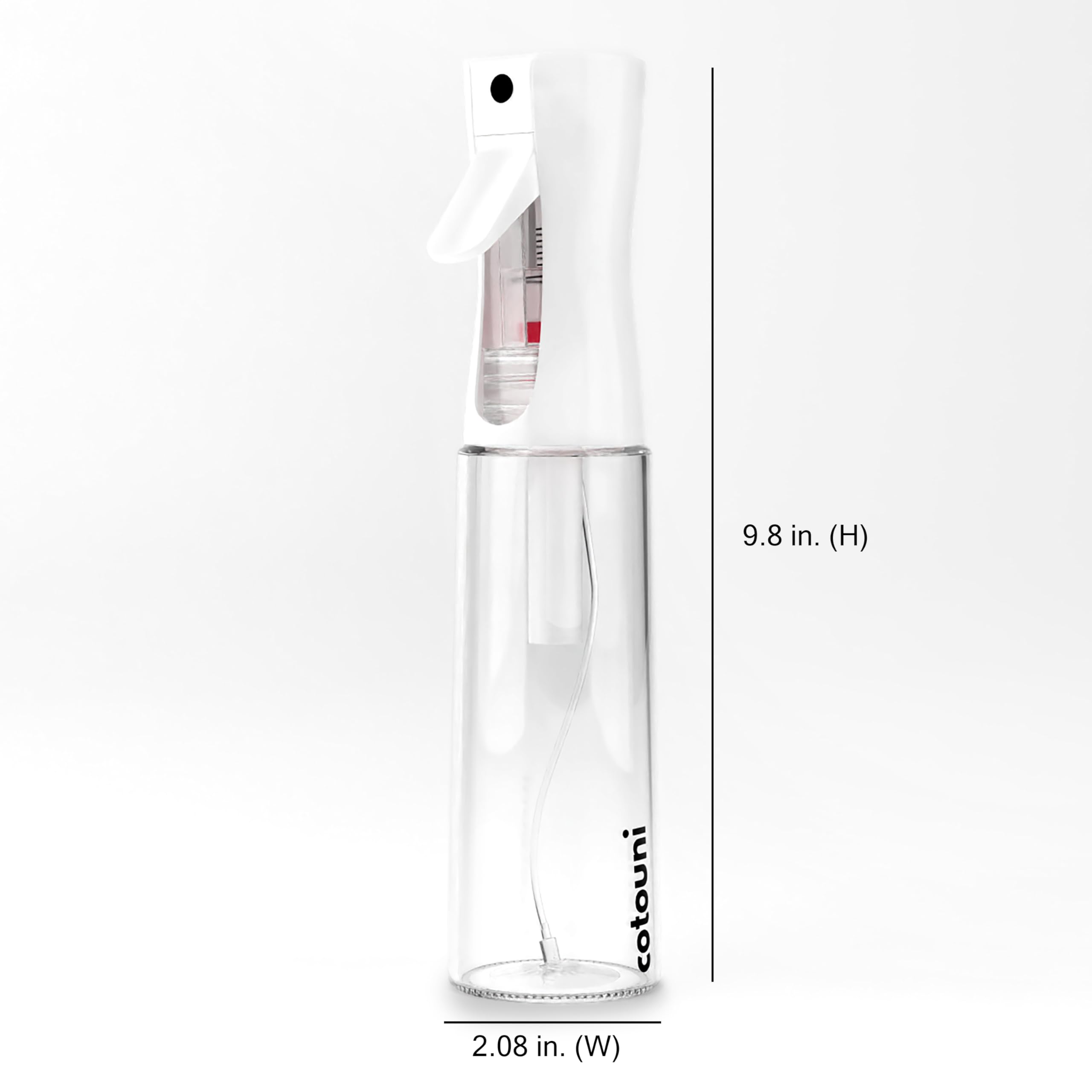 Cotouni atomizador de vidrio transparente muestra capacidad de 300 ml.