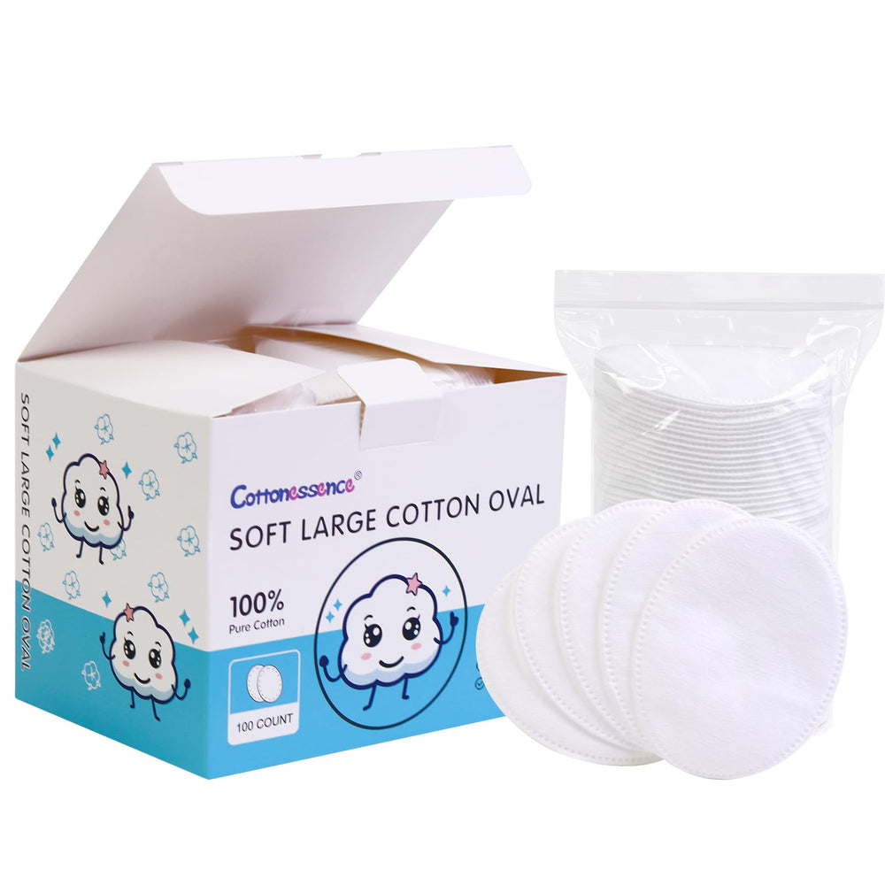 Cottonessence discos de algodón ovalados en empaque práctico, ideal para viaje.