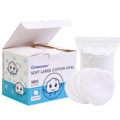 Cottonessence discos de algodón ovalados en empaque práctico, ideal para viaje.