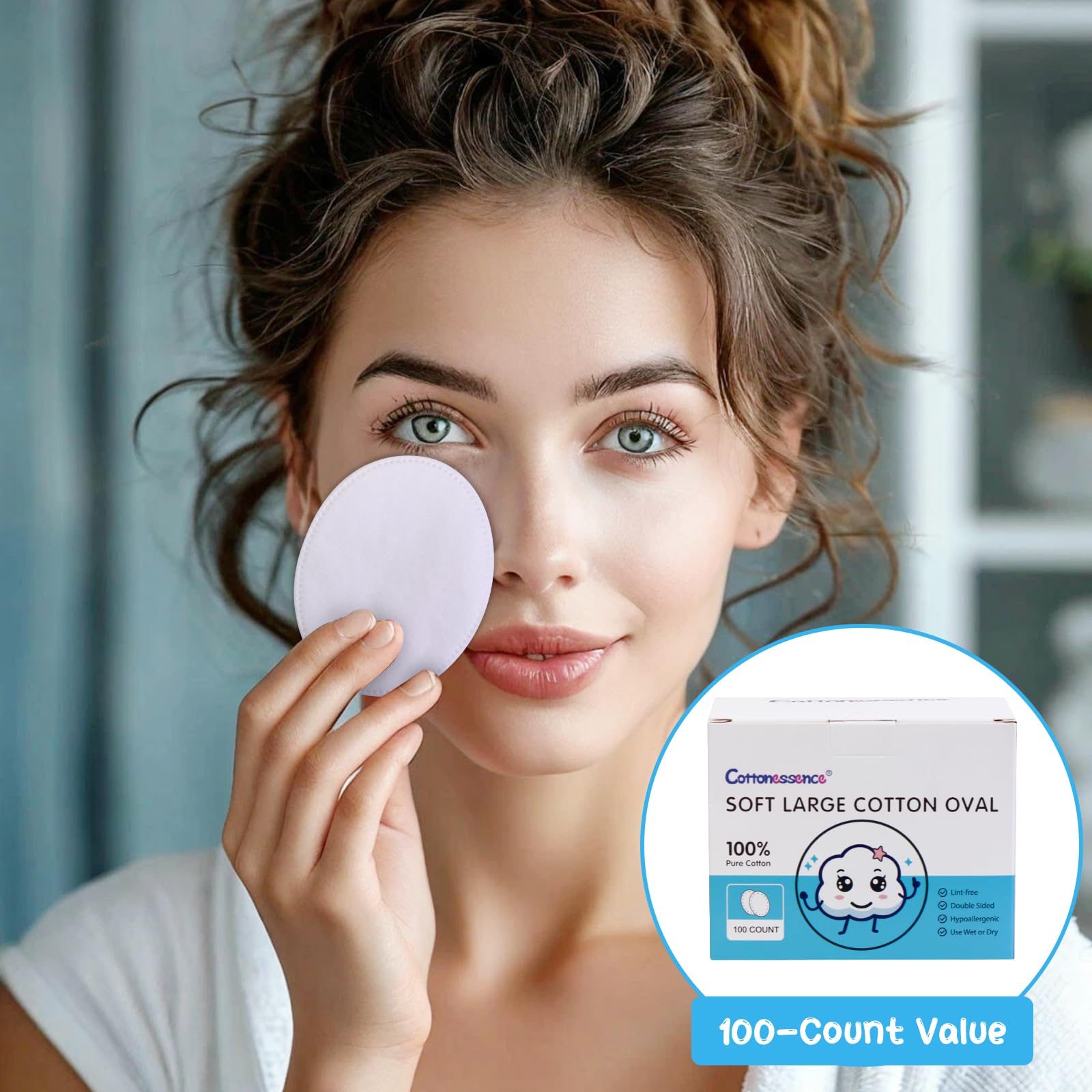 Cottonessence discos de algodón ovalados, uso húmedo para aplicar tónico con suavidad.