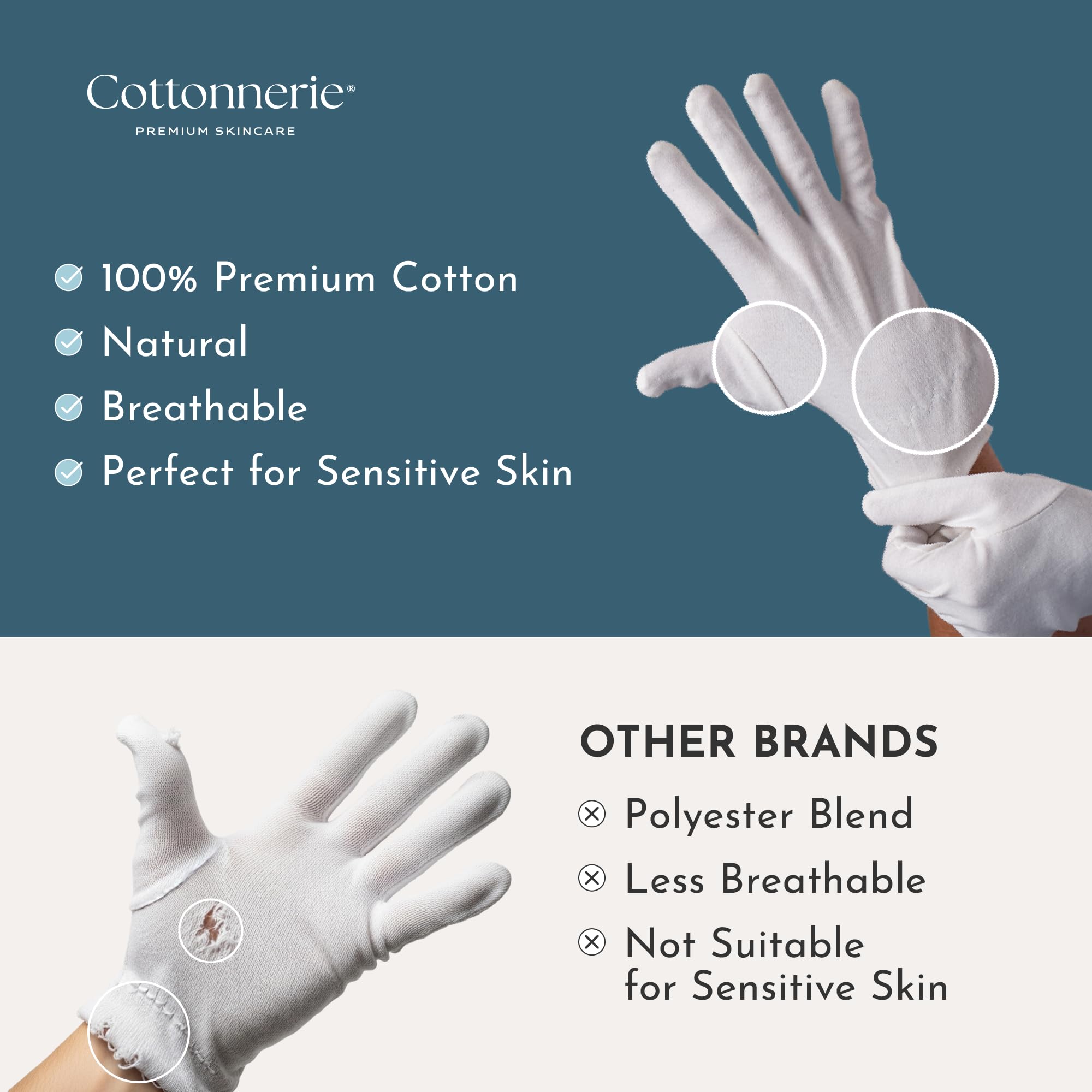 Gants Cottonnerie, ajuste tailles S à XL pour un confort nocturne.