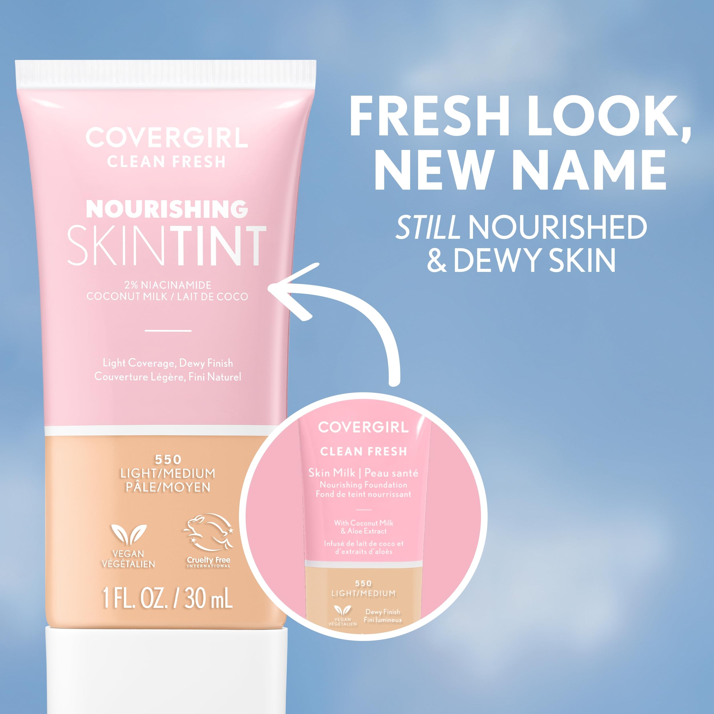 COVERGIRL Clean Fresh ingredientes coco aloe nutren la piel con hidratación suave.