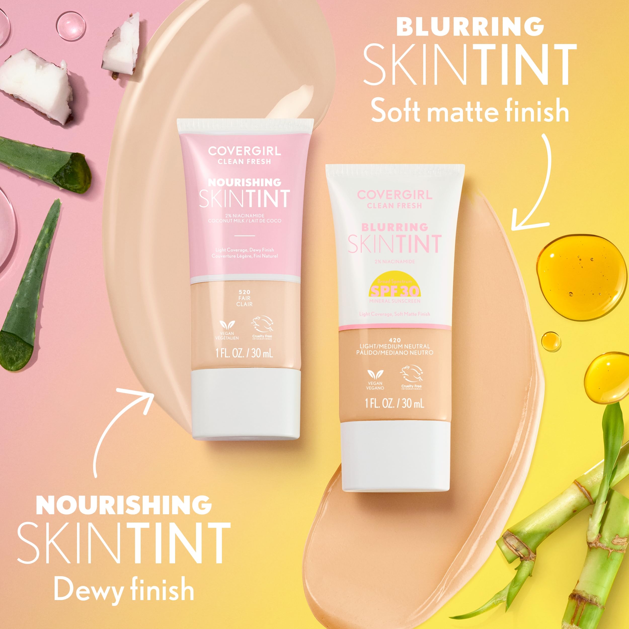 COVERGIRL Clean Fresh Nourishing Skin Tint 510 Porcelana, aloe para sensación fresca y calmante.