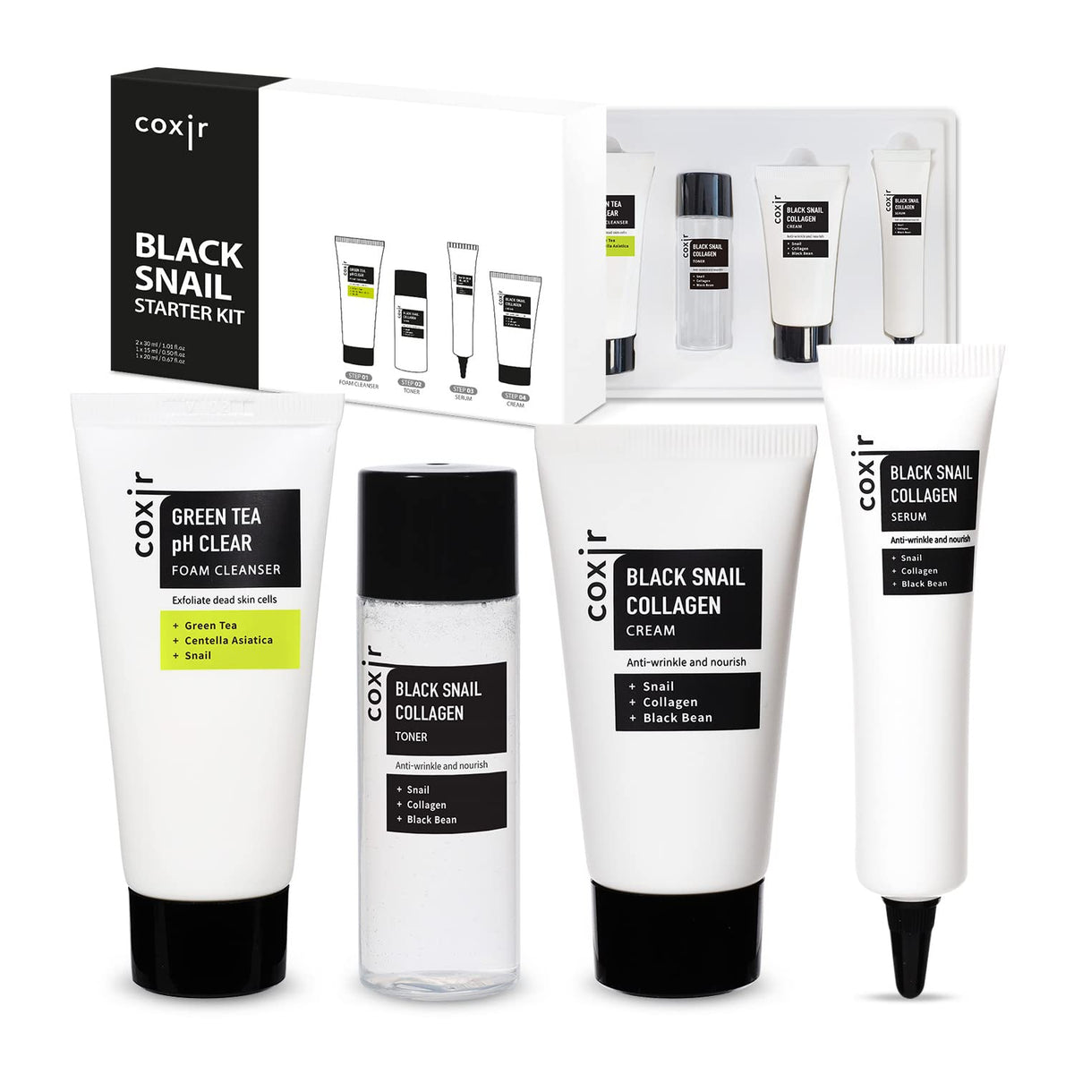 coxir Black Snail Cleanser clarifies and hydrates for a refreshed start to your routine.