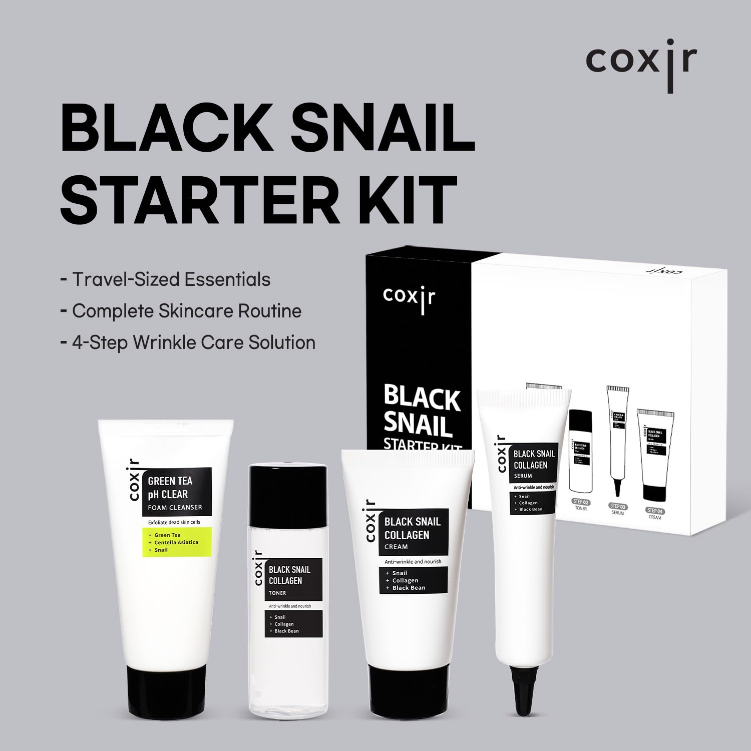 coxir Black Snail Serum delivers lightweight hydration for a bouncy, energized complexion.