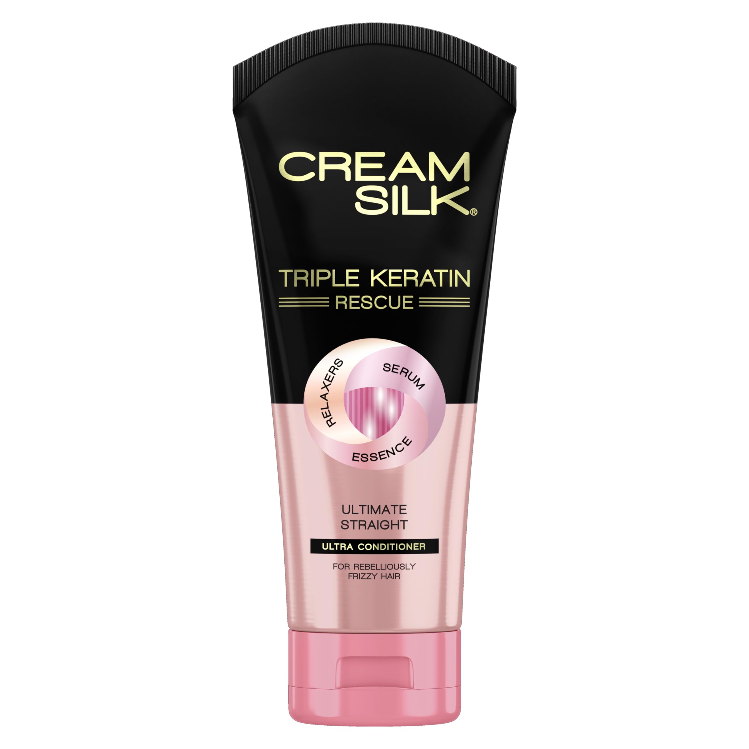 Cream Silk Triple Keratin Rescue: bote para aplicación suave con brillo duradero.