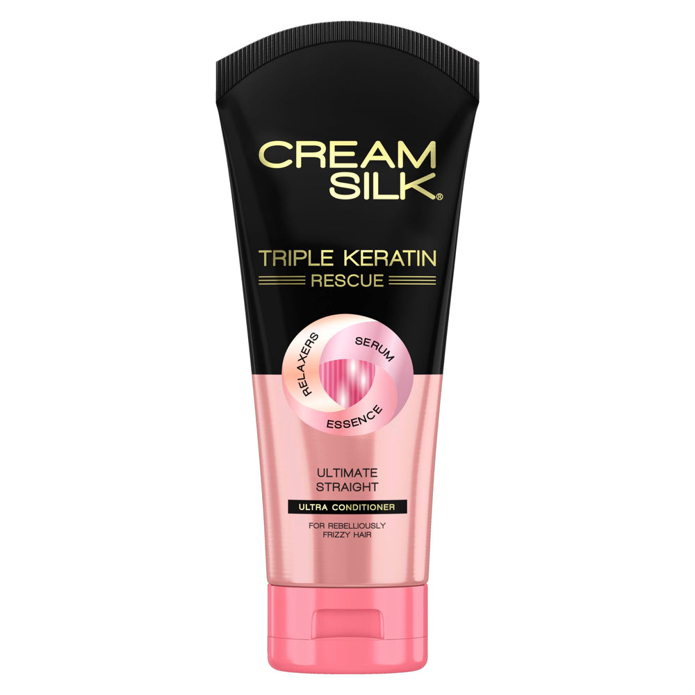 Cream Silk Triple Keratin Rescue: bote para aplicación suave con brillo duradero.