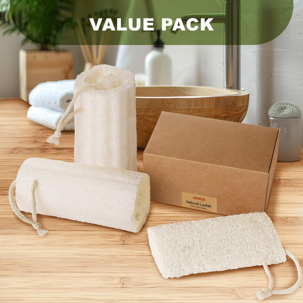Createjoya lufa natural, empaque compacto para ahorro de espacio.