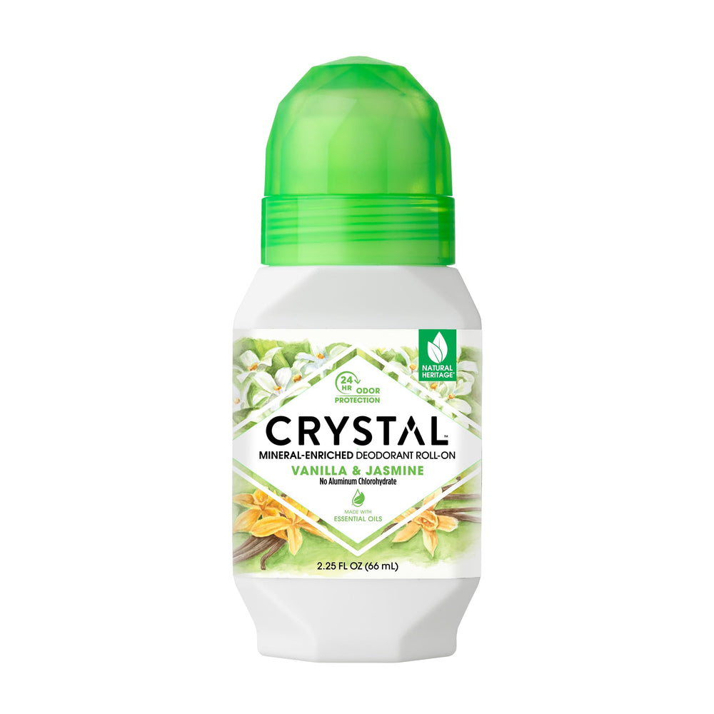 Crystal Essence desodorante mineral roll-on vainilla jazmín, aroma duradero para el día