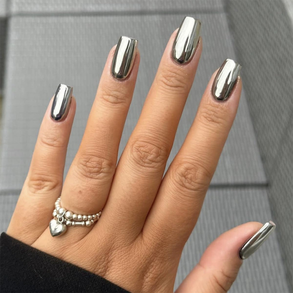 CTTHNBD Aurora Chrome uñas plateadas cuadradas medianas listas para uso diario