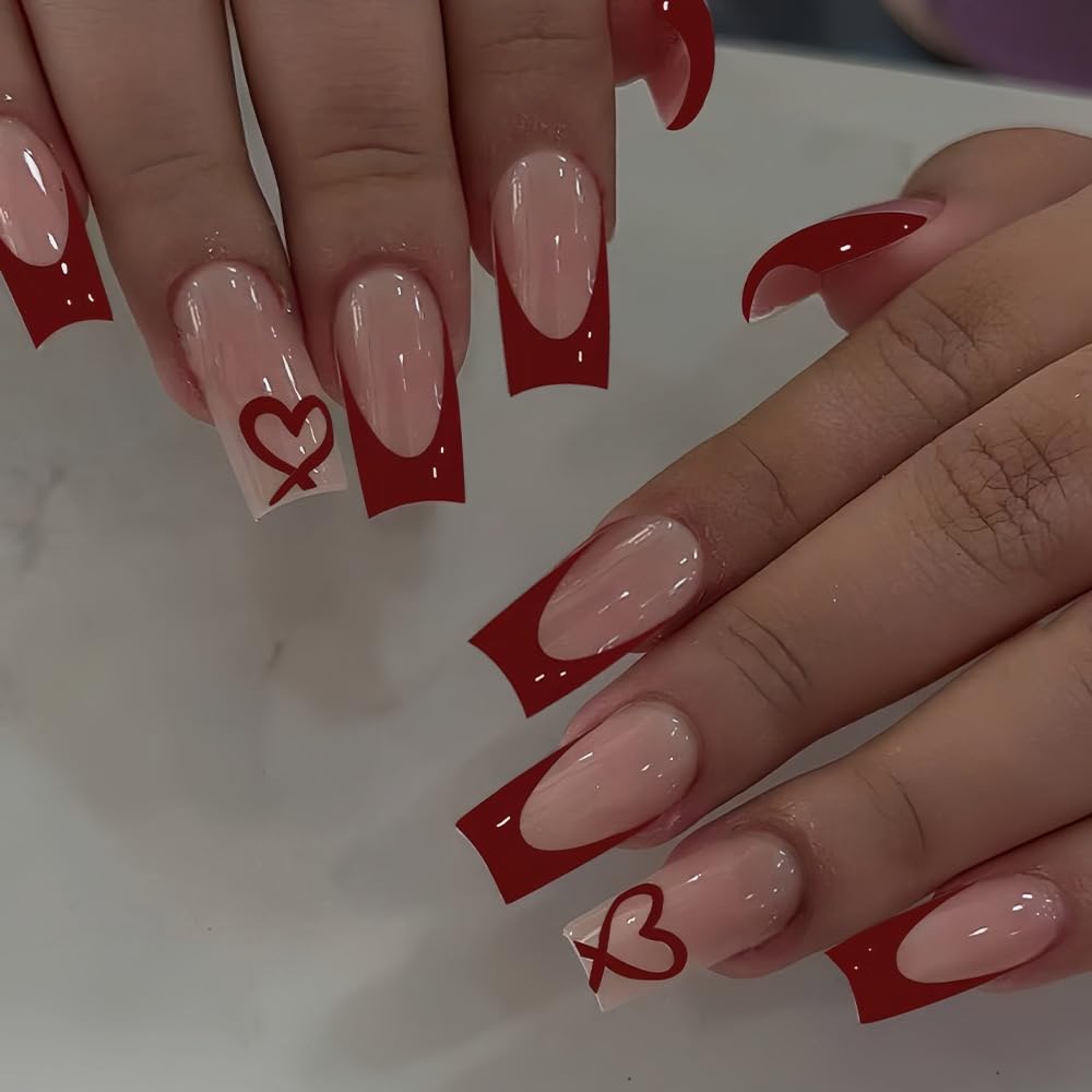 CTTHNBD uñas adheribles rojo punta francesa en ataúd, estilo duradero para uso diario.