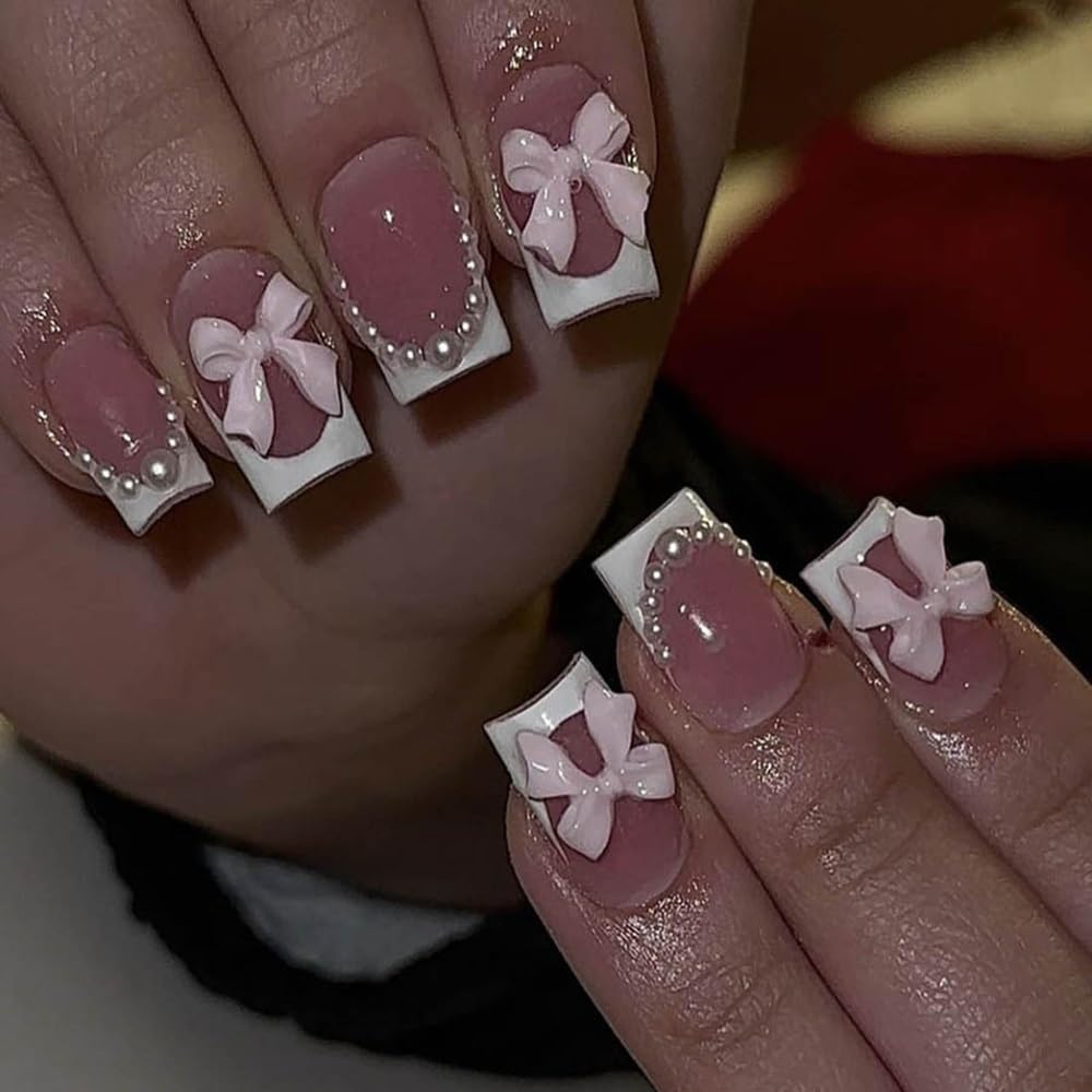 CTTHNBD Uñas cuadradas Frances blanco con lazo perla, look diario
