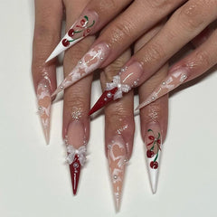 CTTHNBD uñas estileto con diseño cereza 3D para ocasiones festivas.