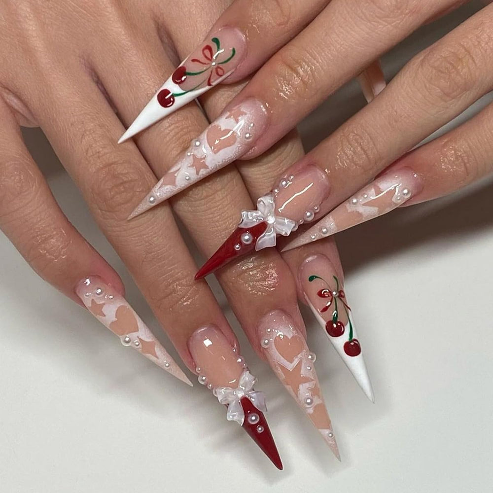 CTTHNBD uñas estileto con diseño lazo 3D para una manicura elegante.