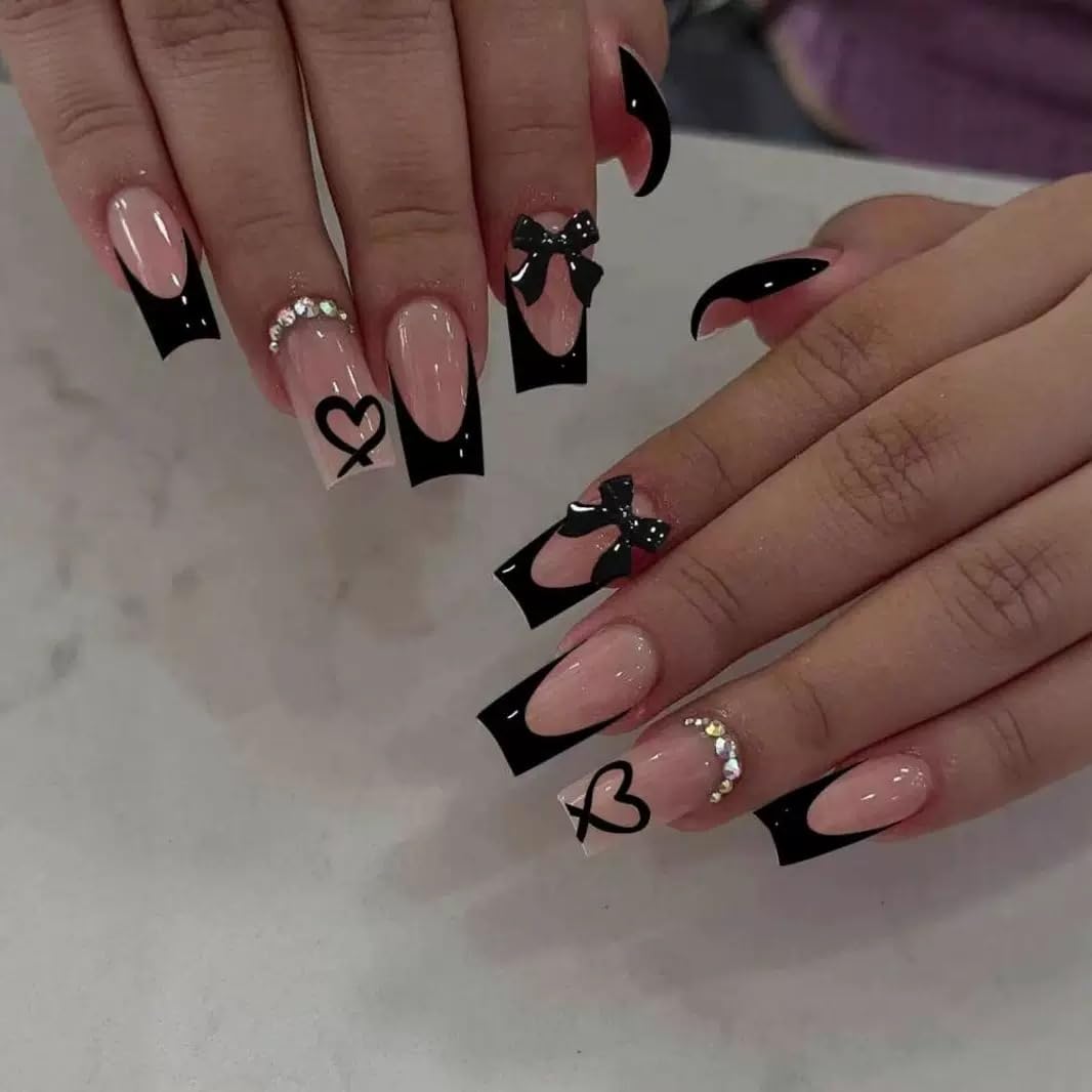 CTTHNBD uñas forma ataúd frances negro con lazo, estilo diario moderno