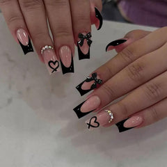 CTTHNBD uñas forma ataúd frances negro con lazo, estilo diario moderno