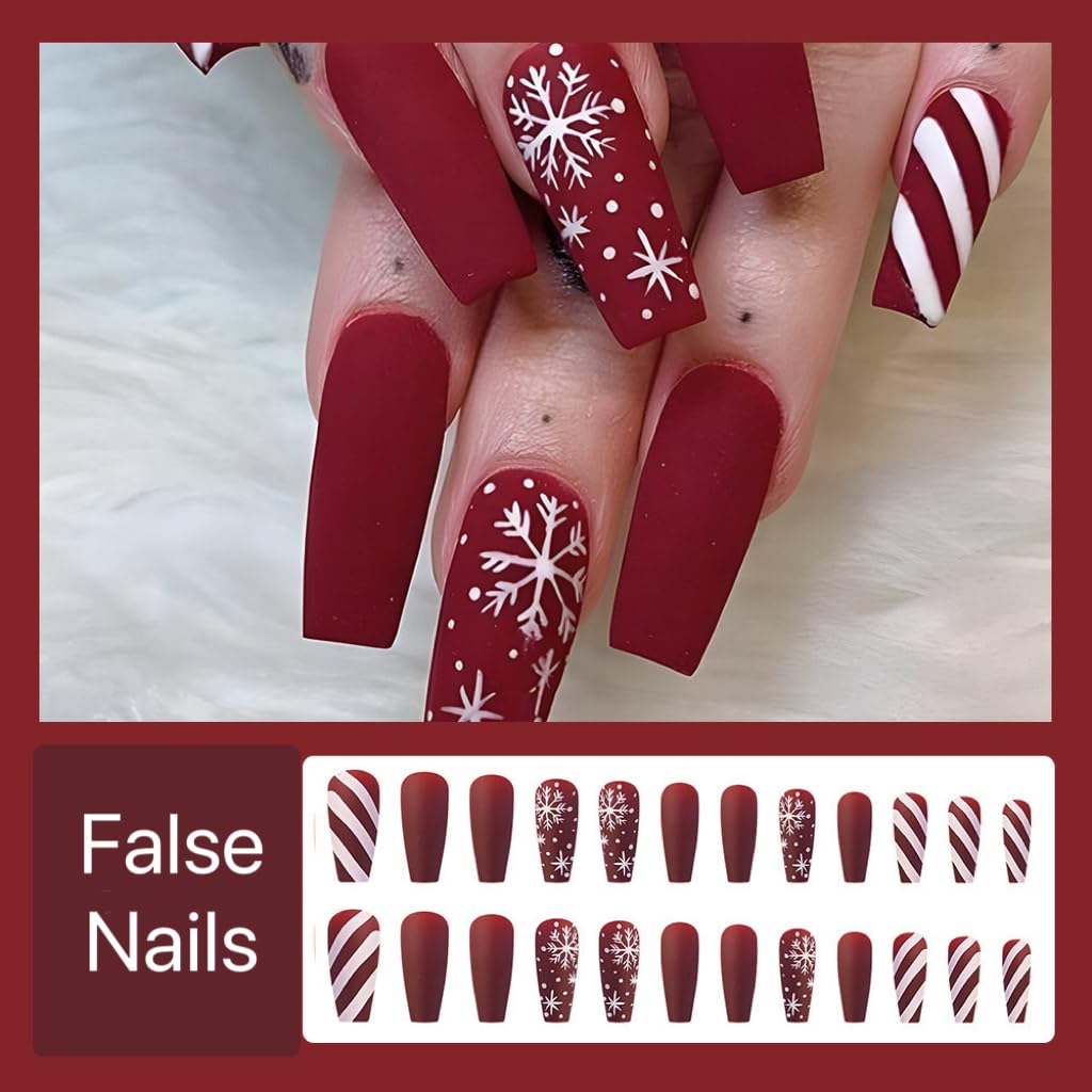 CTTHNBD uñas navideñas rojas con franjas y copos, aporte elegante.