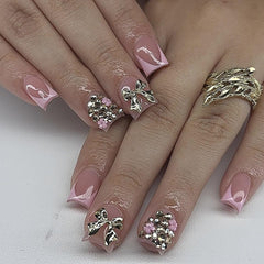 CTTHNBD uñas postizas rosa frances cuadradas con lazo 3D para un look elegante.