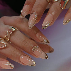CTTHNBD uñas postizas almendra Frances dorado para un look elegante.