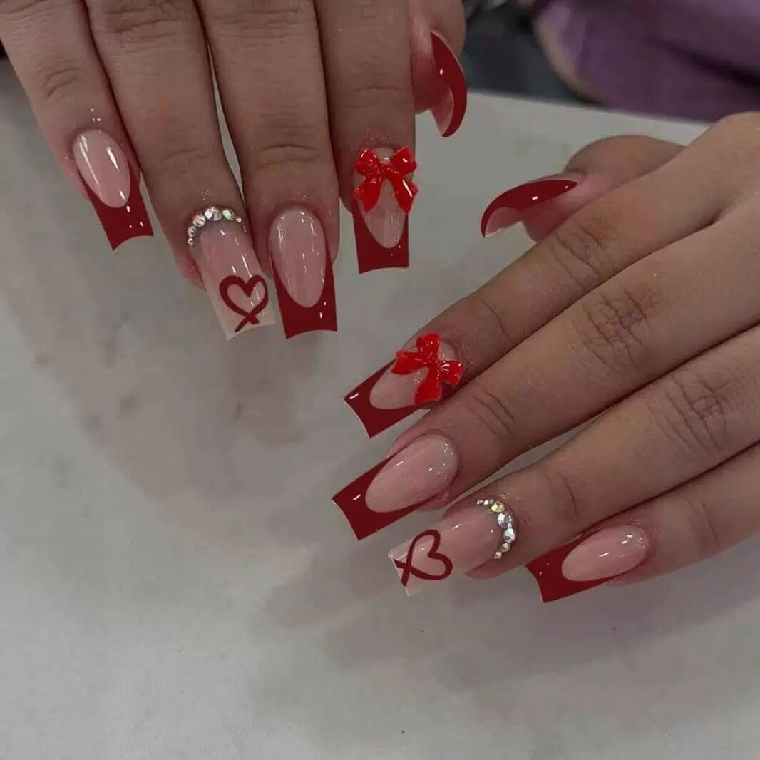 CTTHNBD uñas en forma ataúd con Francesa roja y lazo para una ocasión especial
