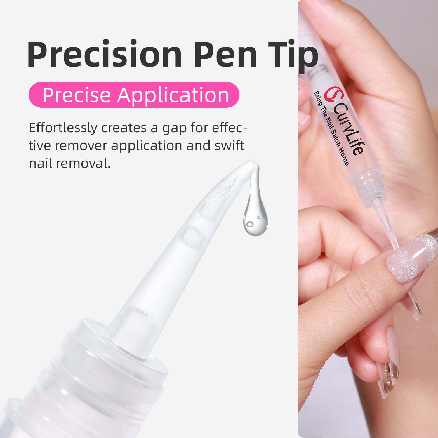 Curvlife remover 3 en 1 para quitar adhesivos y esmalte normal con precisión.