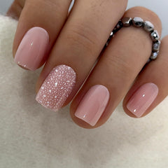 Curvlife uñas corto-cuadrado rosa con glitter nieve para look invernal