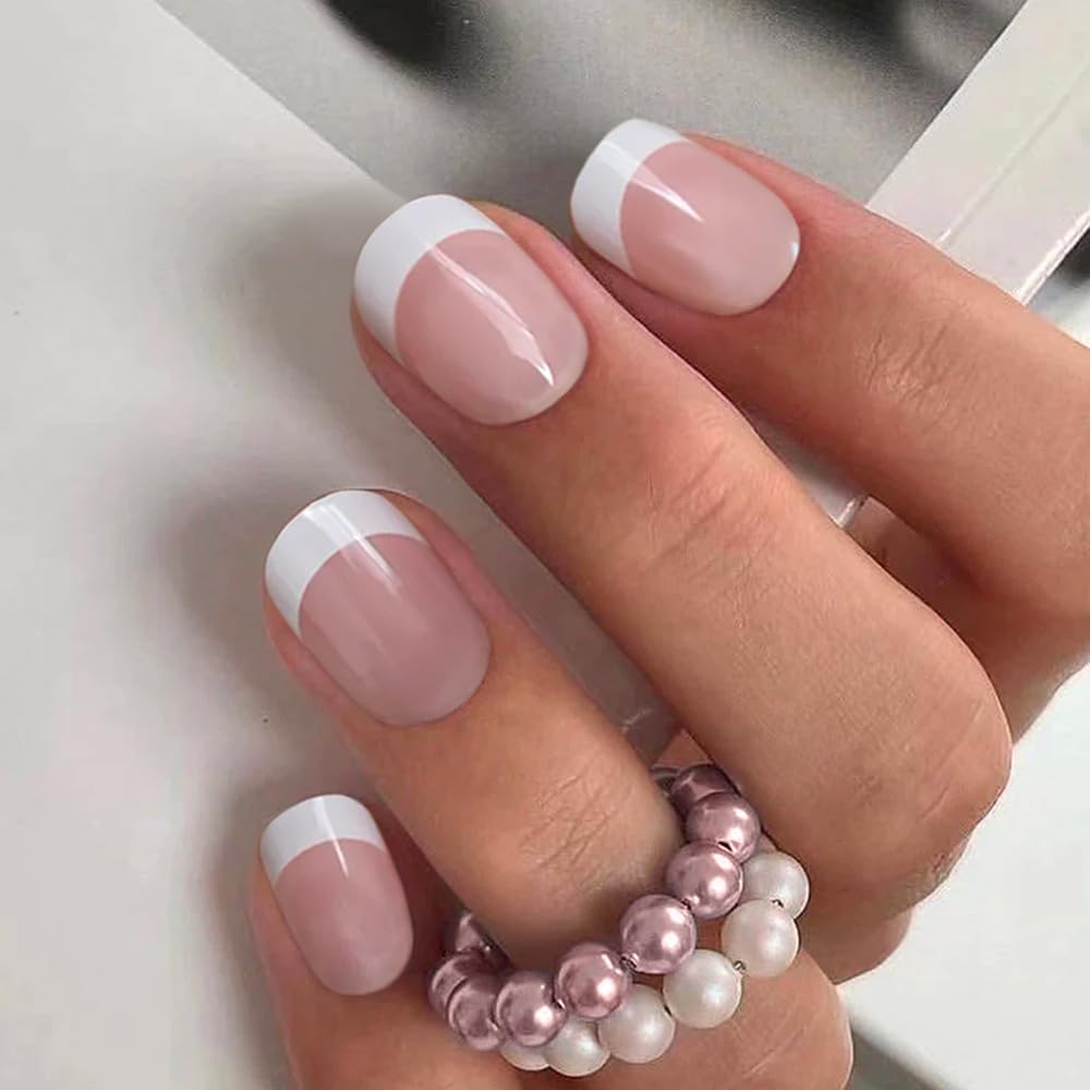 Curvlife Uñas Postizas 30Piezas Corta Cuadrada Frances Natural, manicura rápida y duradera.
