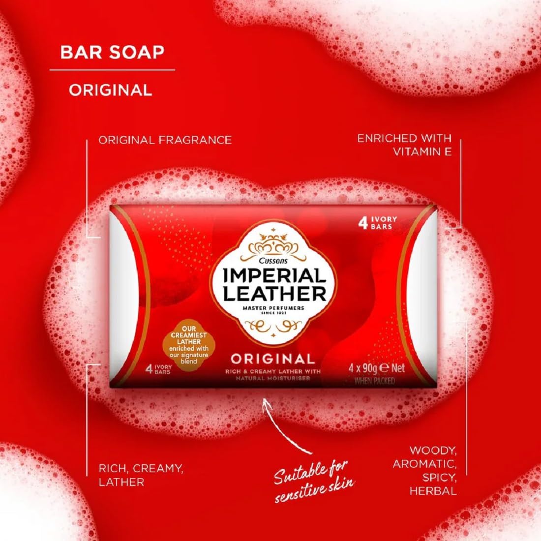 Imperial Leather Cussons barra textura espuma cremosa, muestra espuma suave.