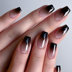 DAJIJIYOU uñas francesas press-on, forma ataúd, gradiente negro-blanco, acabado brillante.