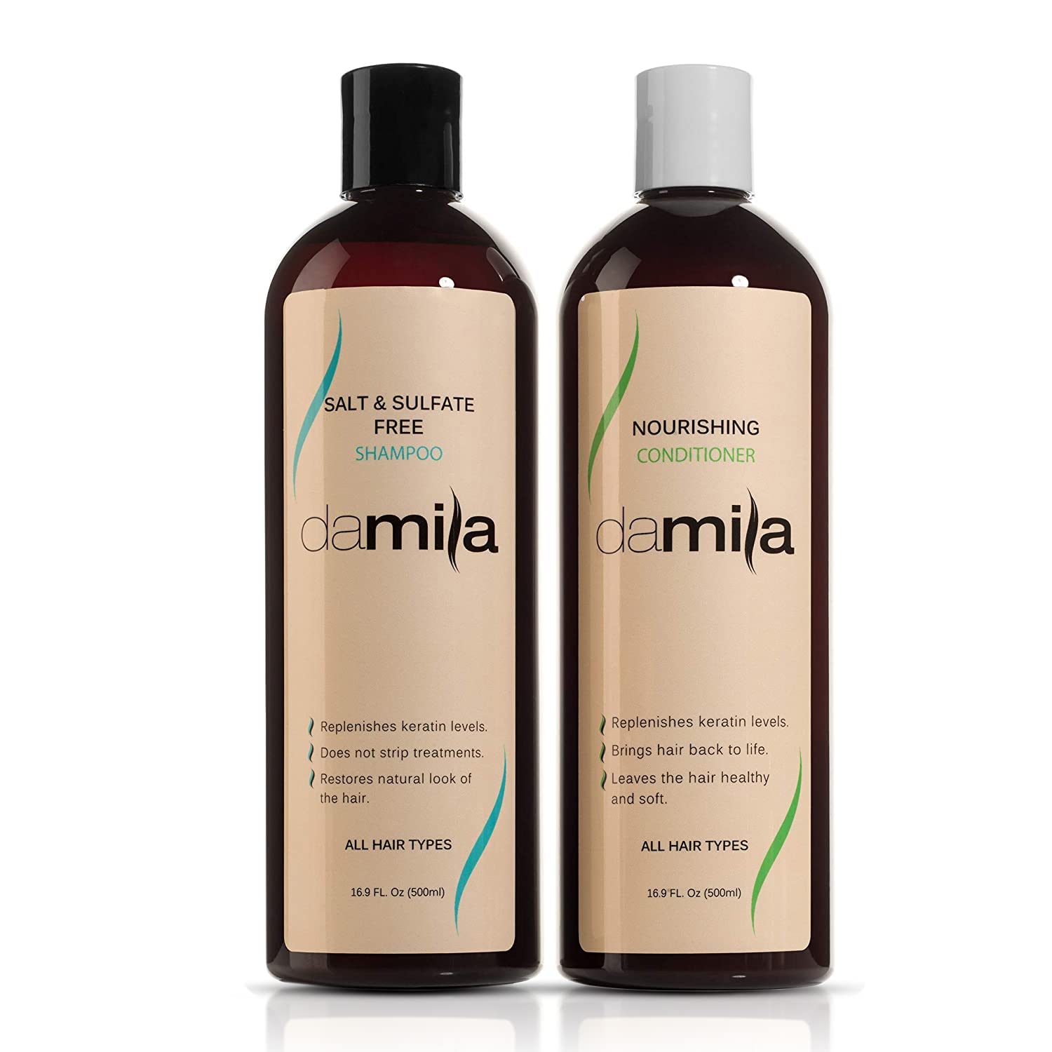 Damila champú sin sal vertiendo, limpieza suave para cabello tratado.