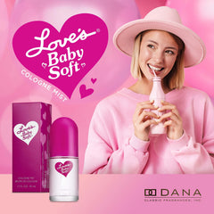Fragancia Dana Love's Baby Soft, botella rosa, toque femenino discreto.