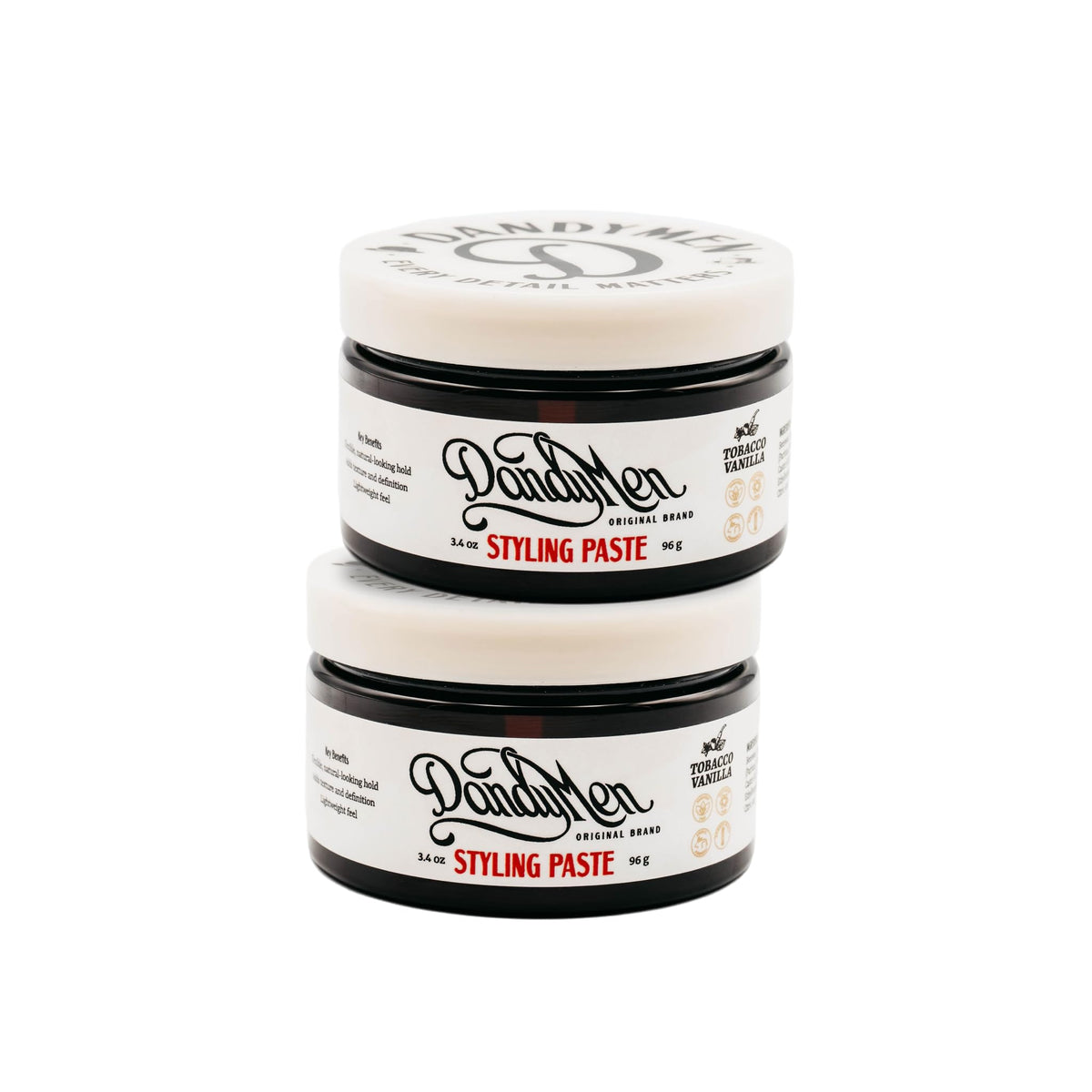 DandyMen Styling Paste bottle front shows versatile hold and natural shine.