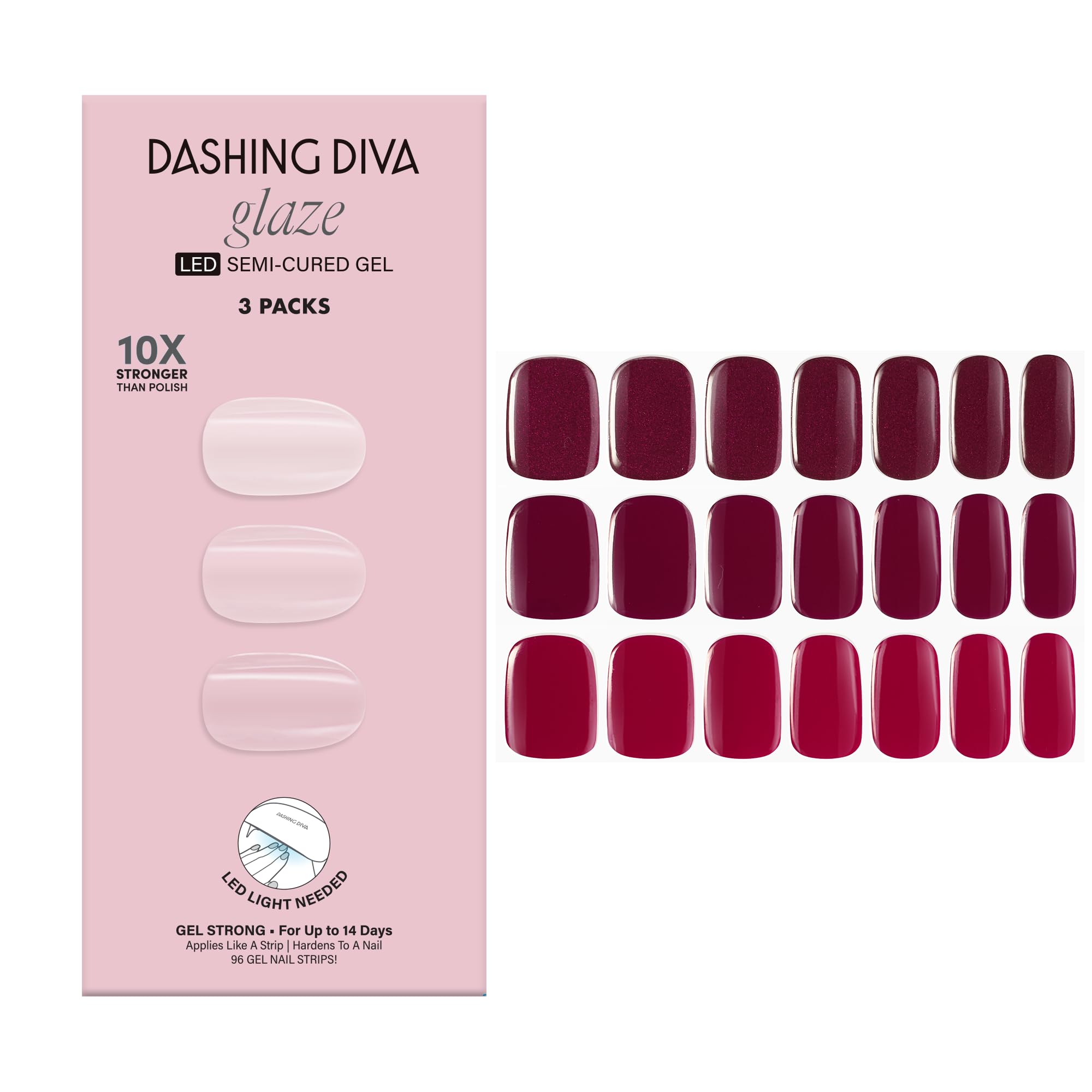 Dashing Diva Glaze kit con tiras rojas para un brillo de salón duradero.