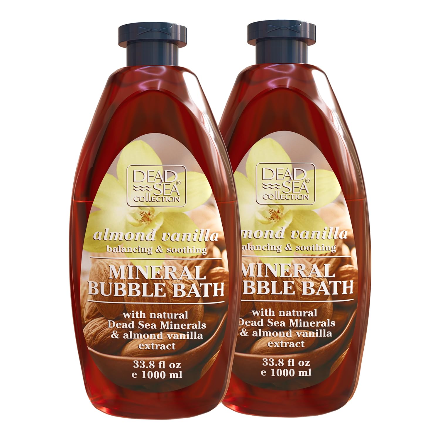 Dead Sea Collection Bubble Bath frente de la botella, piel suave gracias al aceite de almendras.