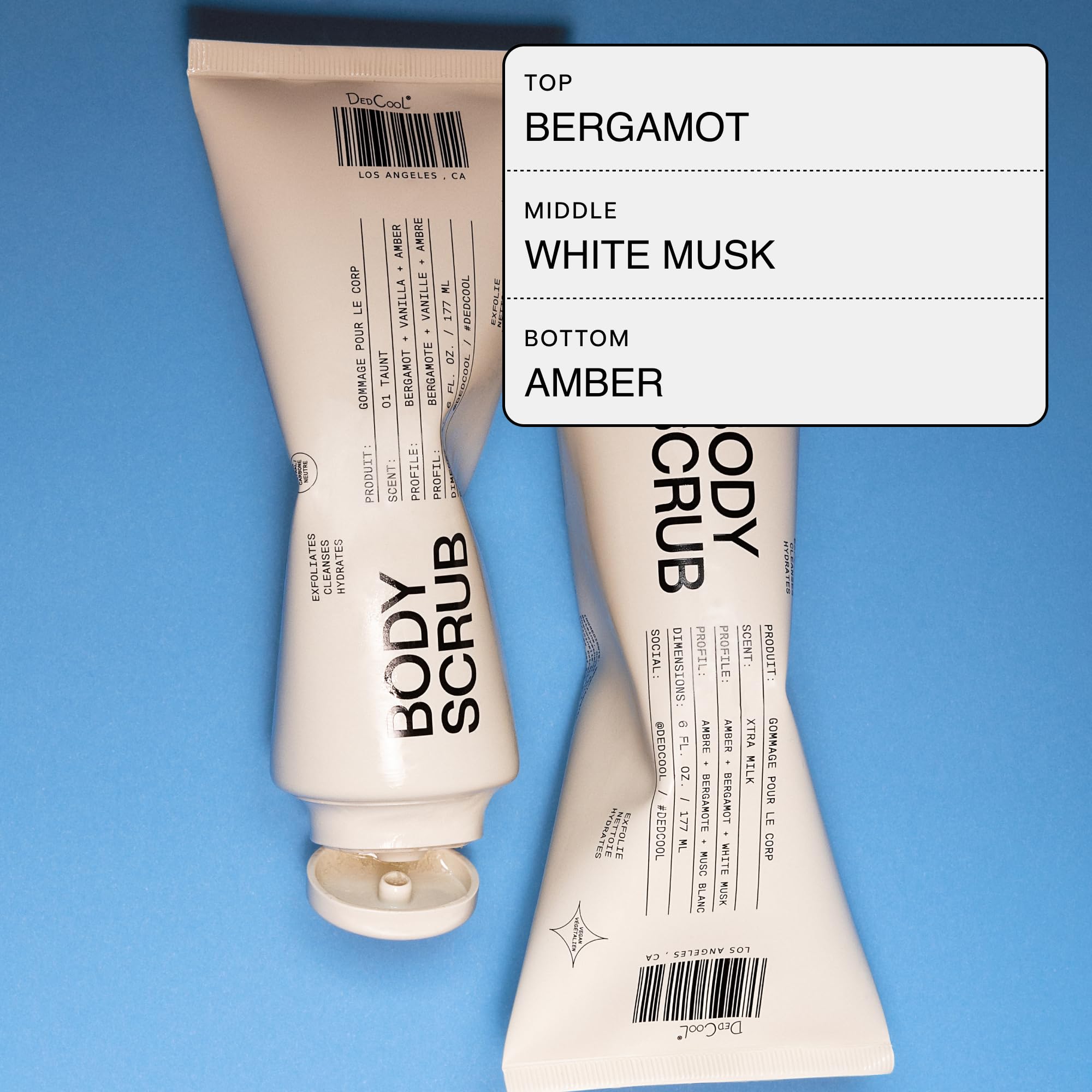 Dedcool Exfoliante Corporal Xtra Milk: etiqueta visible, enfoque en producto vegano y sostenible