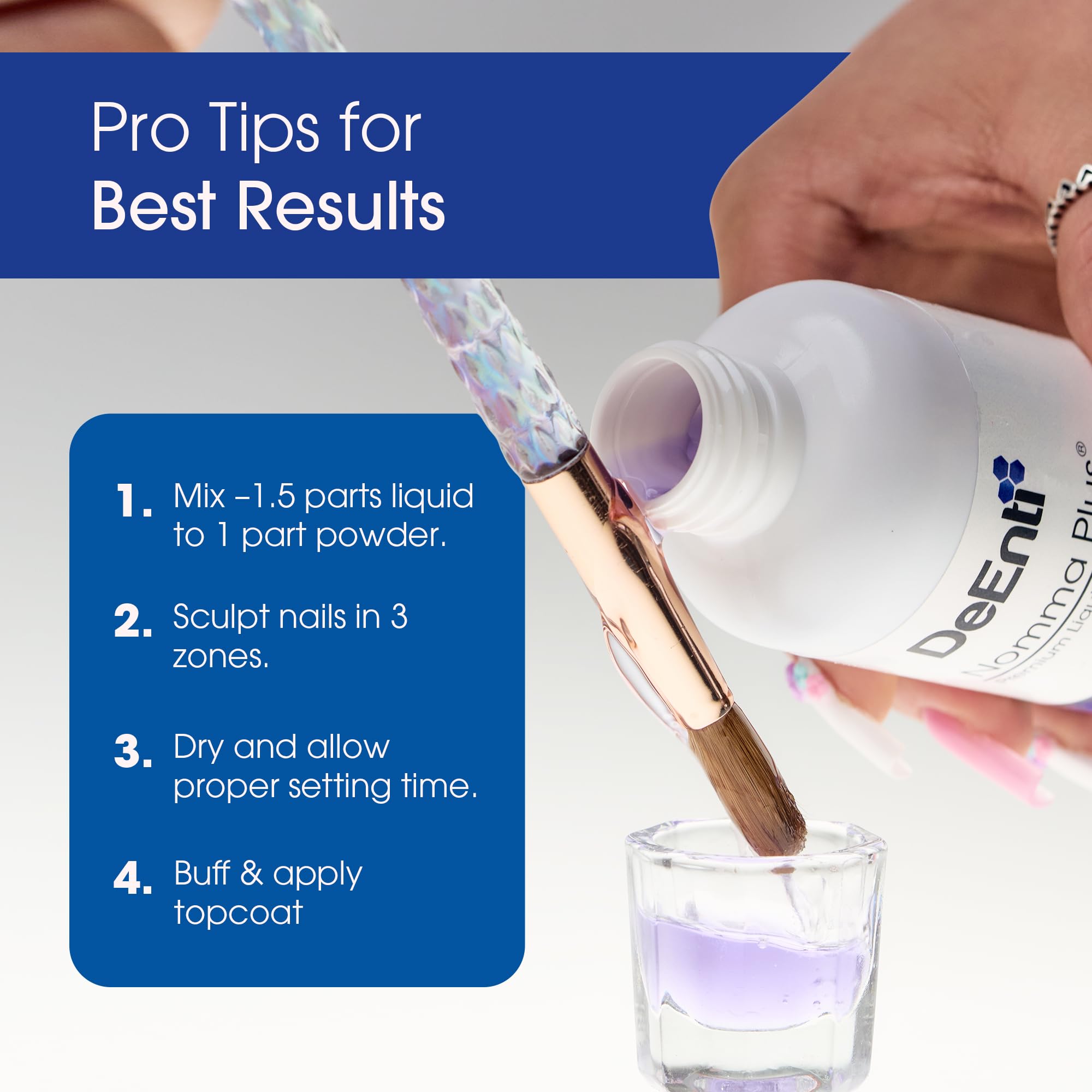 DeEnti Nomma Plus nail application demonstrates adhesion for sculpted nails.
