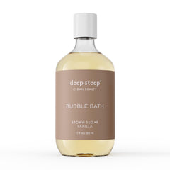Deep Steep Bubble Bath Brown Sugar Vanilla en botella, aroma suave para relajación diaria.