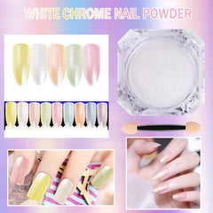 Deepmind White Pearl Chrome, escena de manicura, acabado iridiscente.