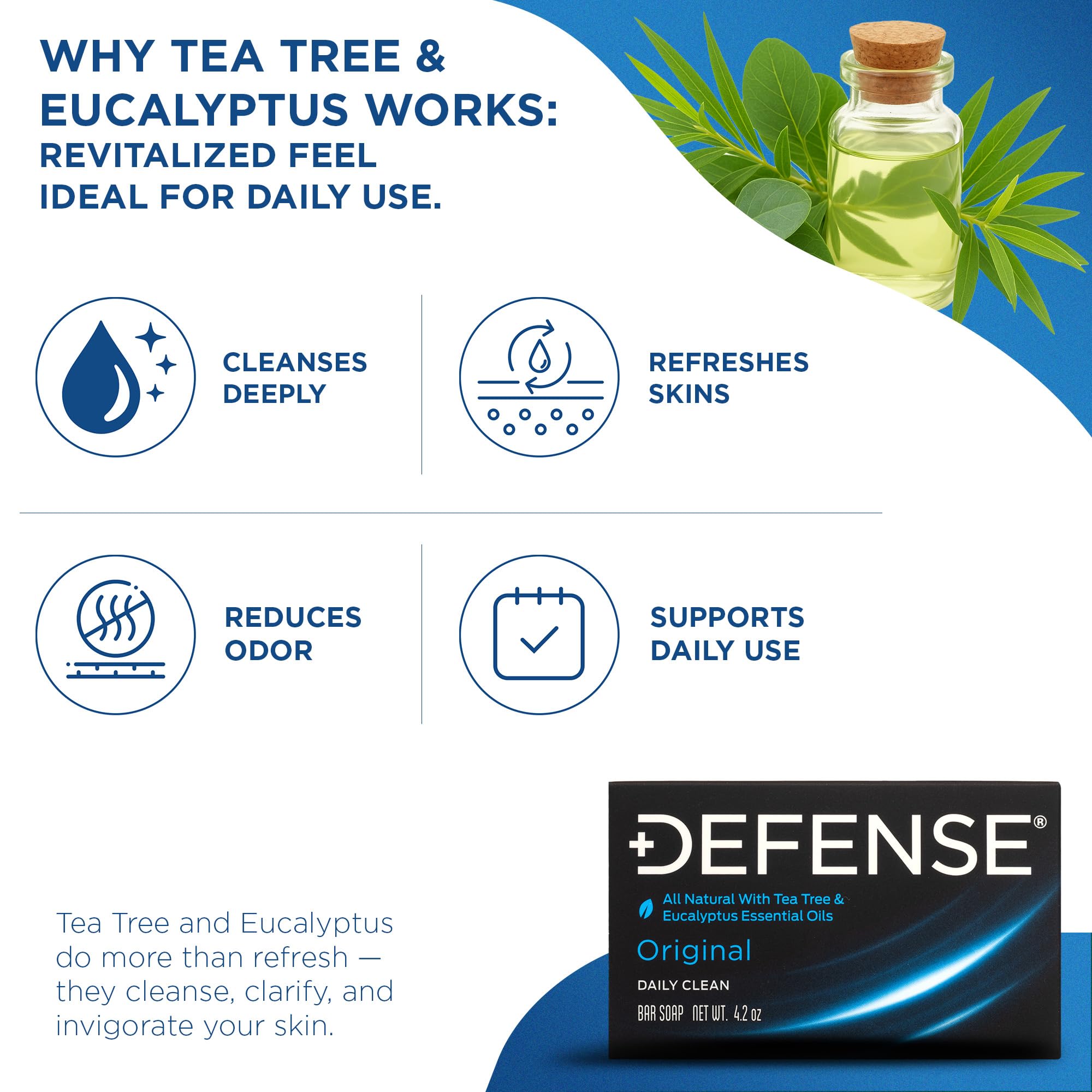 Defense Soap detalle-eucalipto: aroma fresco y suave para piel sensible.