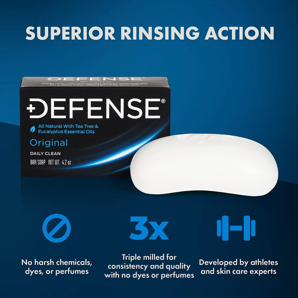 Defense Soap empaque: barra triple molido para mayor durabilidad y consistencia.