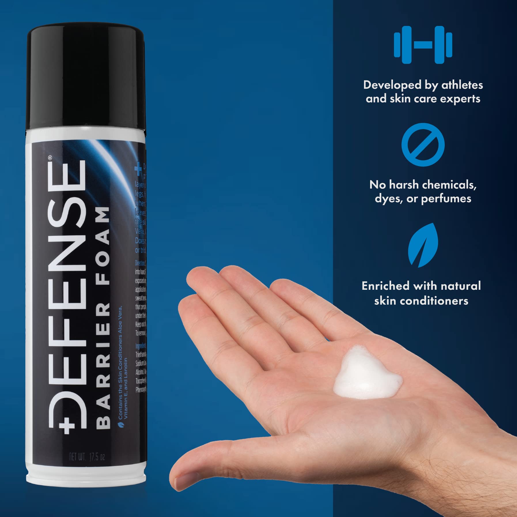 Defense Soap Barrier Foam: aplicación en mano para limpieza y barrera cutánea.