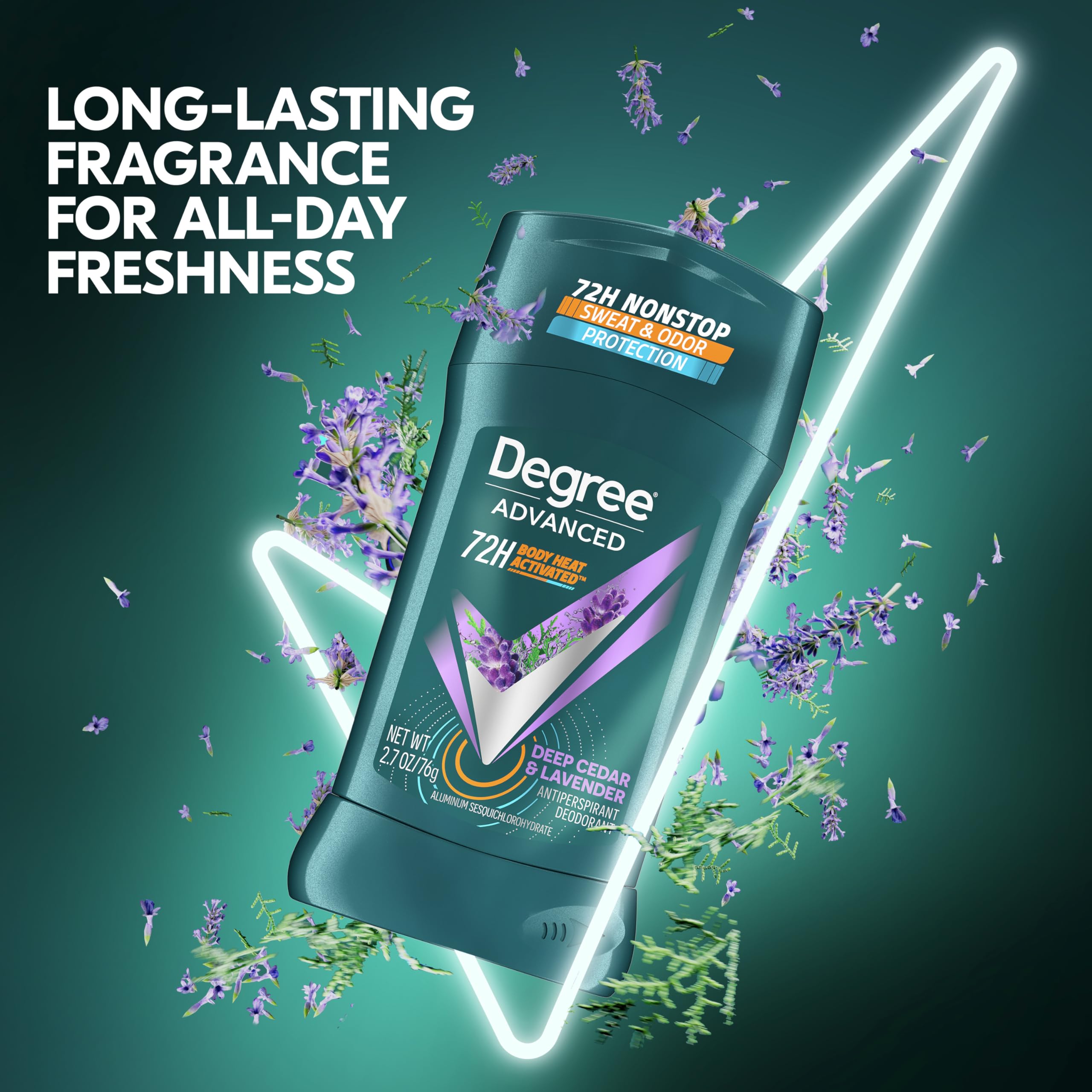 Degree Men Deep Cedar Lavender fragrance profile shown on packaging