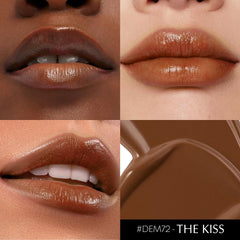 Depuplum brown lipstick swatch displays medium coverage on lips.