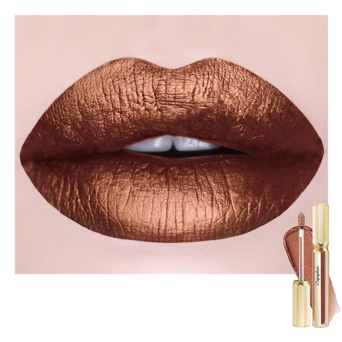Depuplum labio metalico con brillo ligero para acabado sutil.