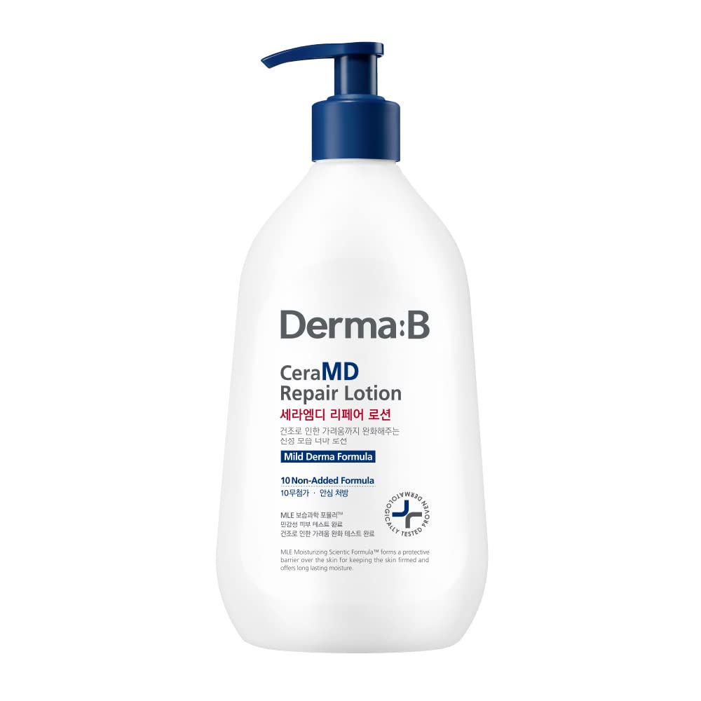 Derma B CeraMD Repair Lotion en botella para piel seca, hidratación suave.