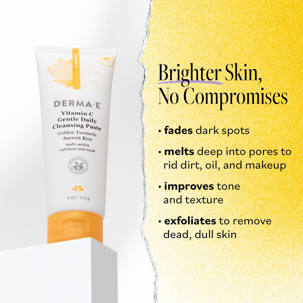 Derma E Pasta Vitamina C aplicada en rostro, exfoliación suave para textura más uniforme.