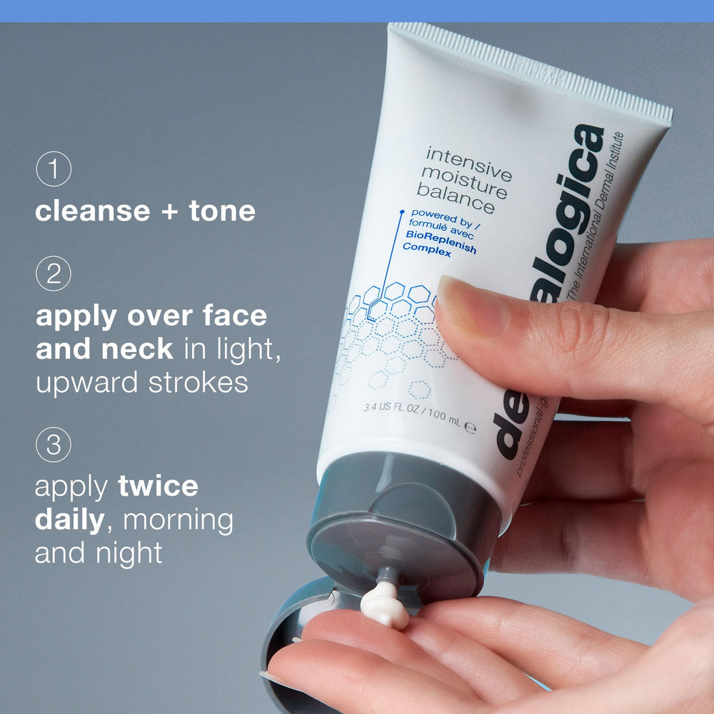 Application-visage pratique, Dermalogica Intensive Moisture Balance sur la peau.