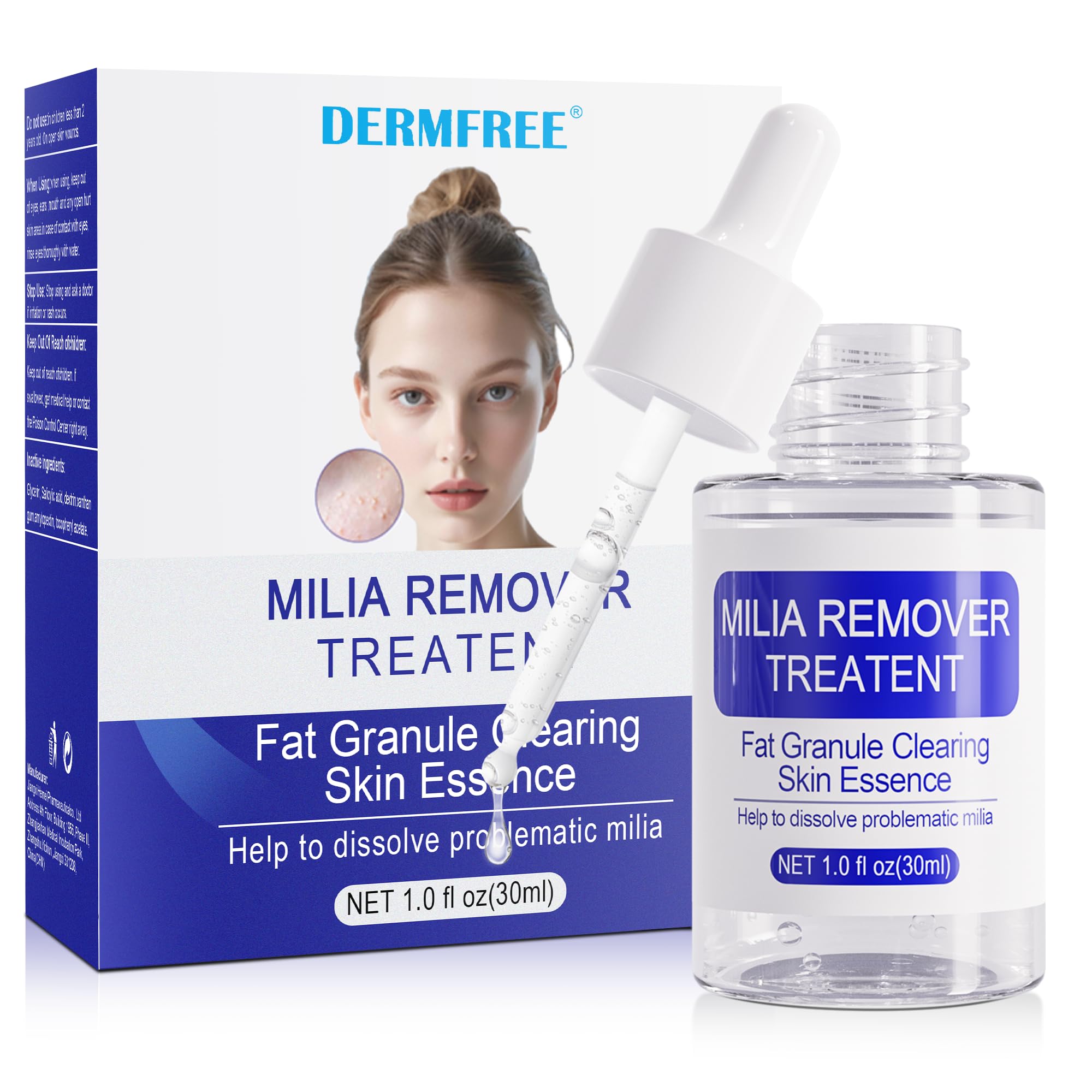 DERMFREE Milia Remover botella de 30 ml para uso diario suave en rostro